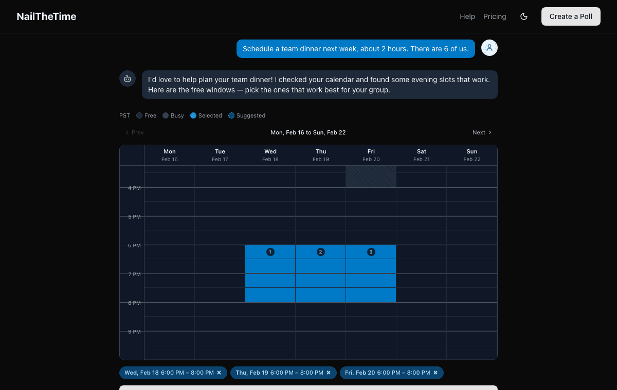 NailTheTime chat interface — describe your event, see your calendar, and the AI builds your poll