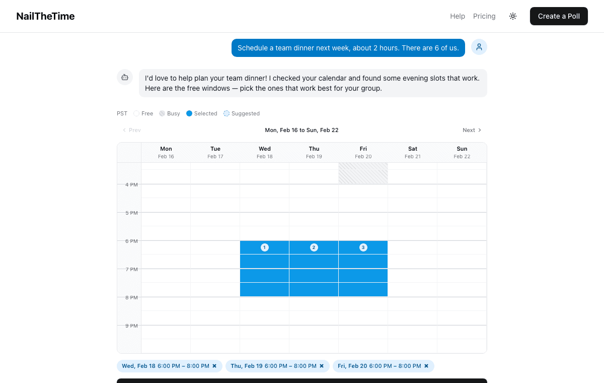 NailTheTime chat interface — describe your event, see your calendar, and the AI builds your poll